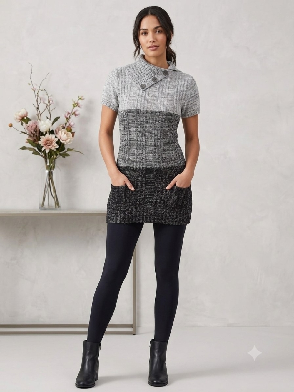 Ombre Short-Sleeve Cowl Tunic Sweater - Gray